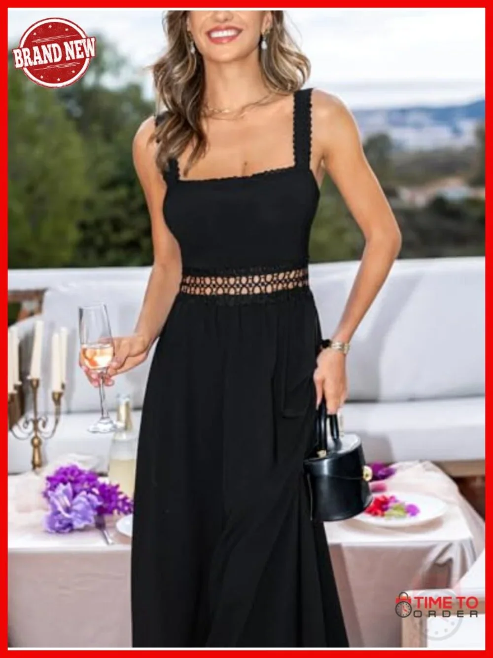 Square Neck Hollow Out Sleeveless Scalloped Eyelet Lace Strap Midi Dress